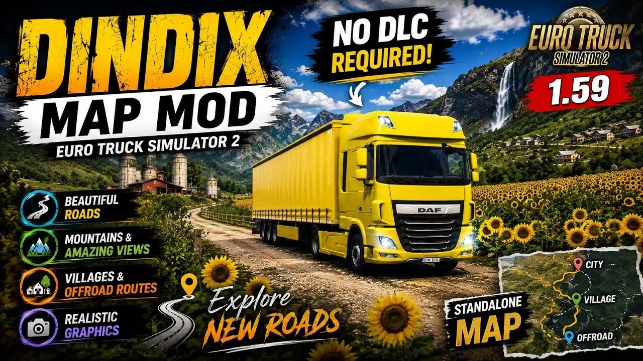 DinDix Map Mod (Narrow Roads Map) v1.0 (1.59.x) for ETS2